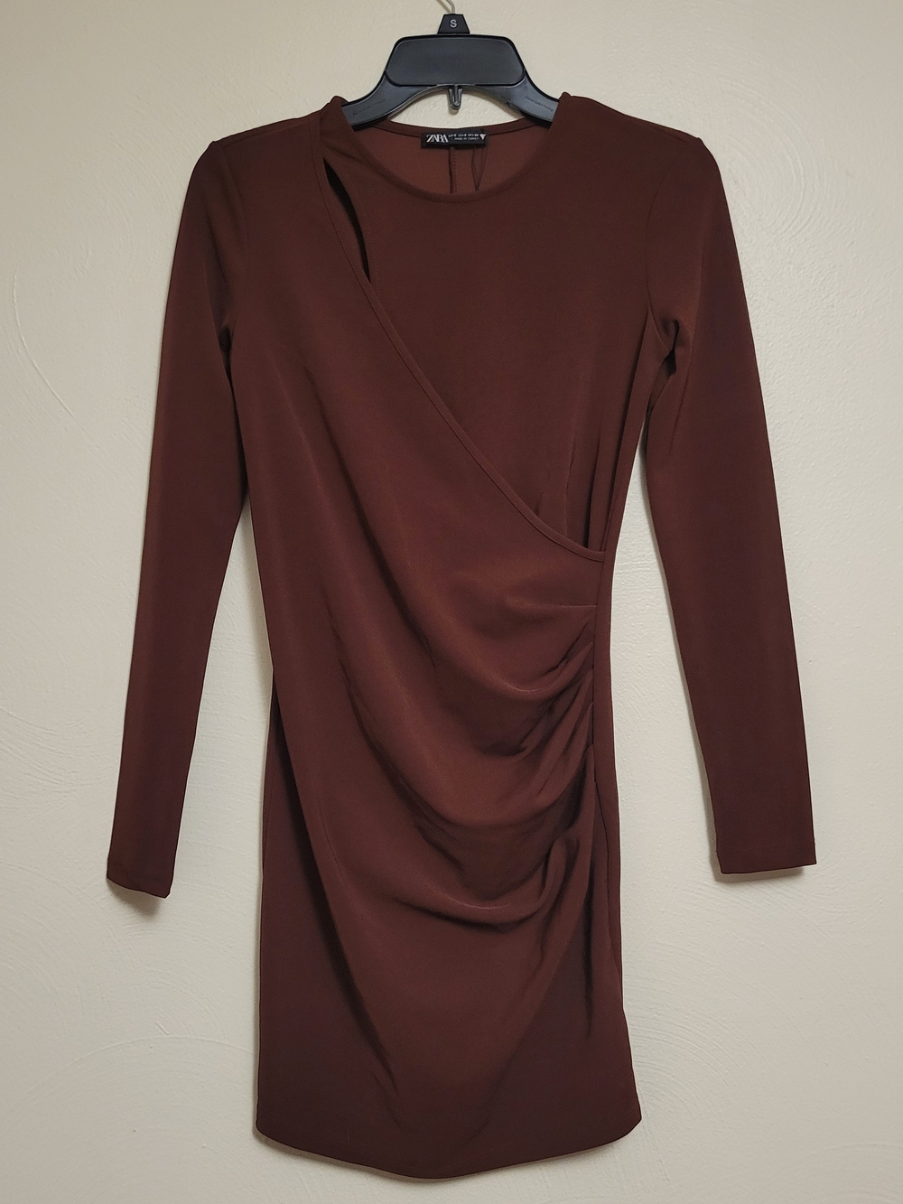 ZARA Brown Long Sleeve Draped Bodycon Mini Dress Size Small NWOT